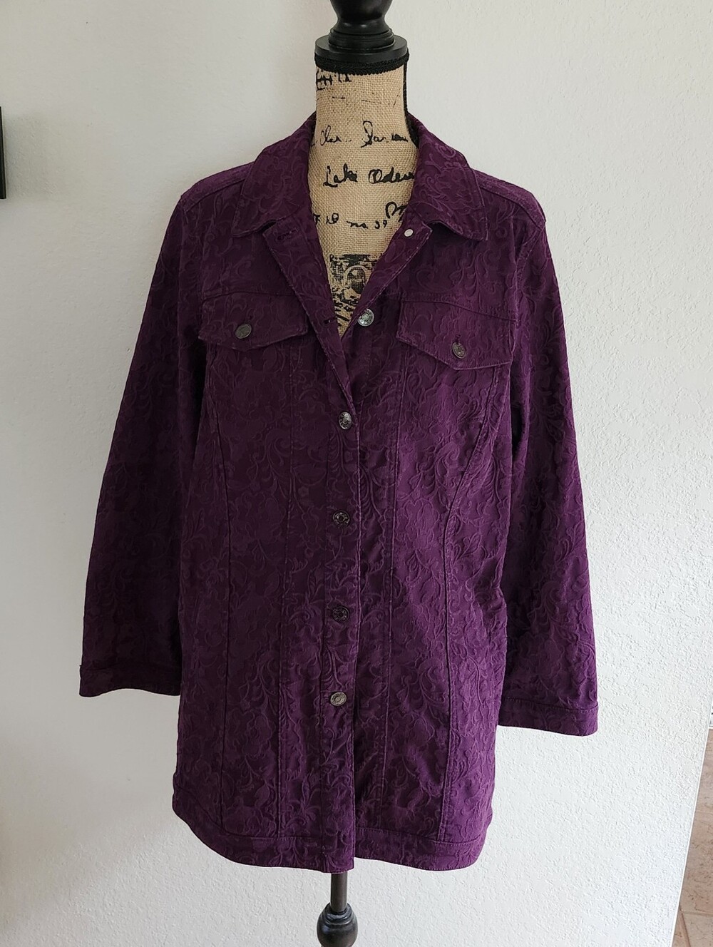 Chico's Stretch Denim Patterned Coat Jacket Sz XL, 1X